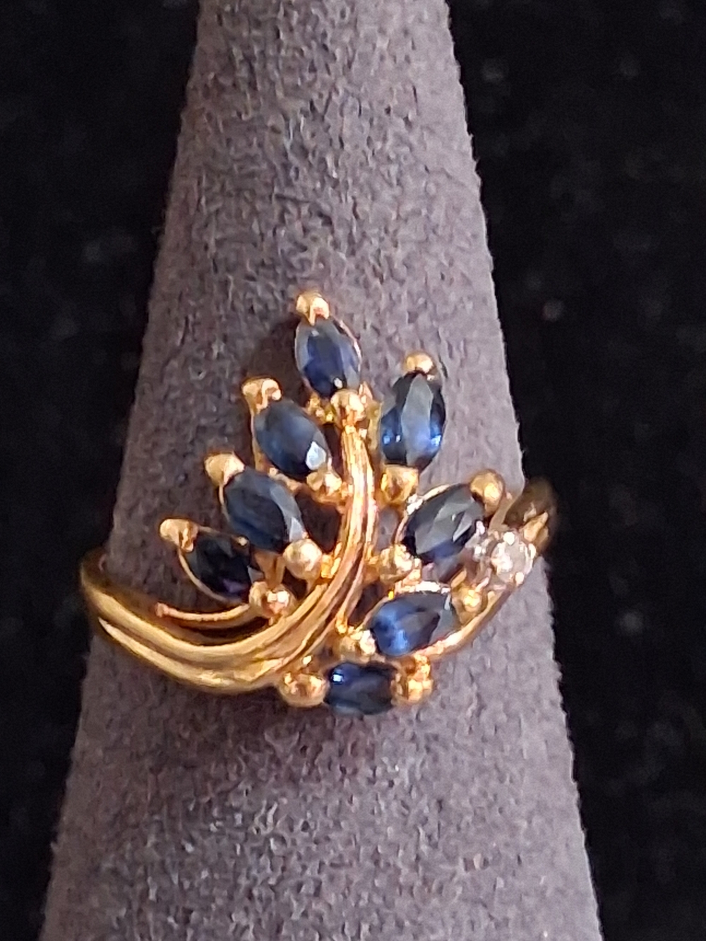 Solid 14K Yellow Gold Band Ring Minimalist Plain Stacking Blue Floral Cluster